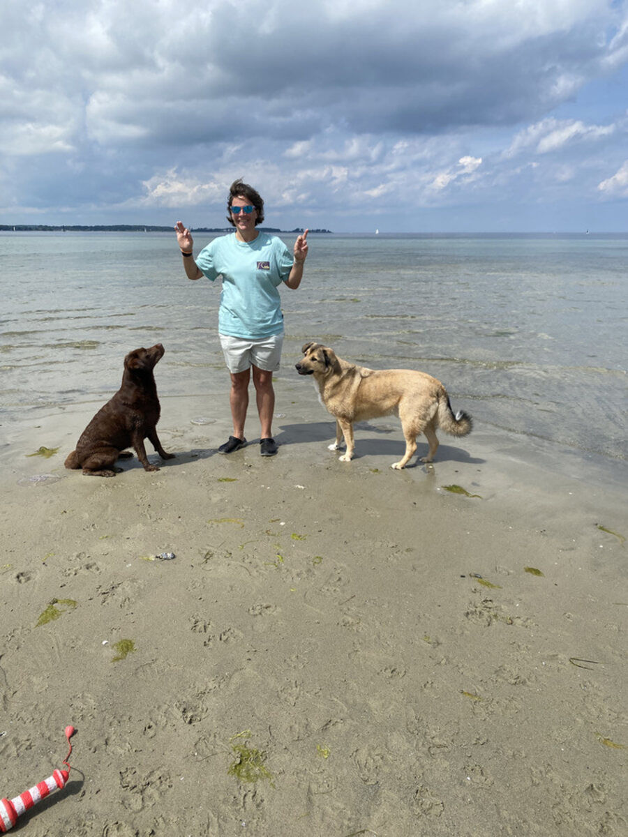 Sandra Hörder trainiert mit zwei Hunden am Strand